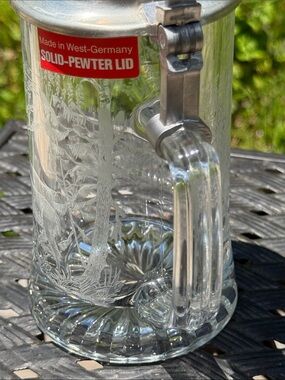 Etched Glass Beer Stein with Pewter Lid and Deer Motif. Made in West Germany.